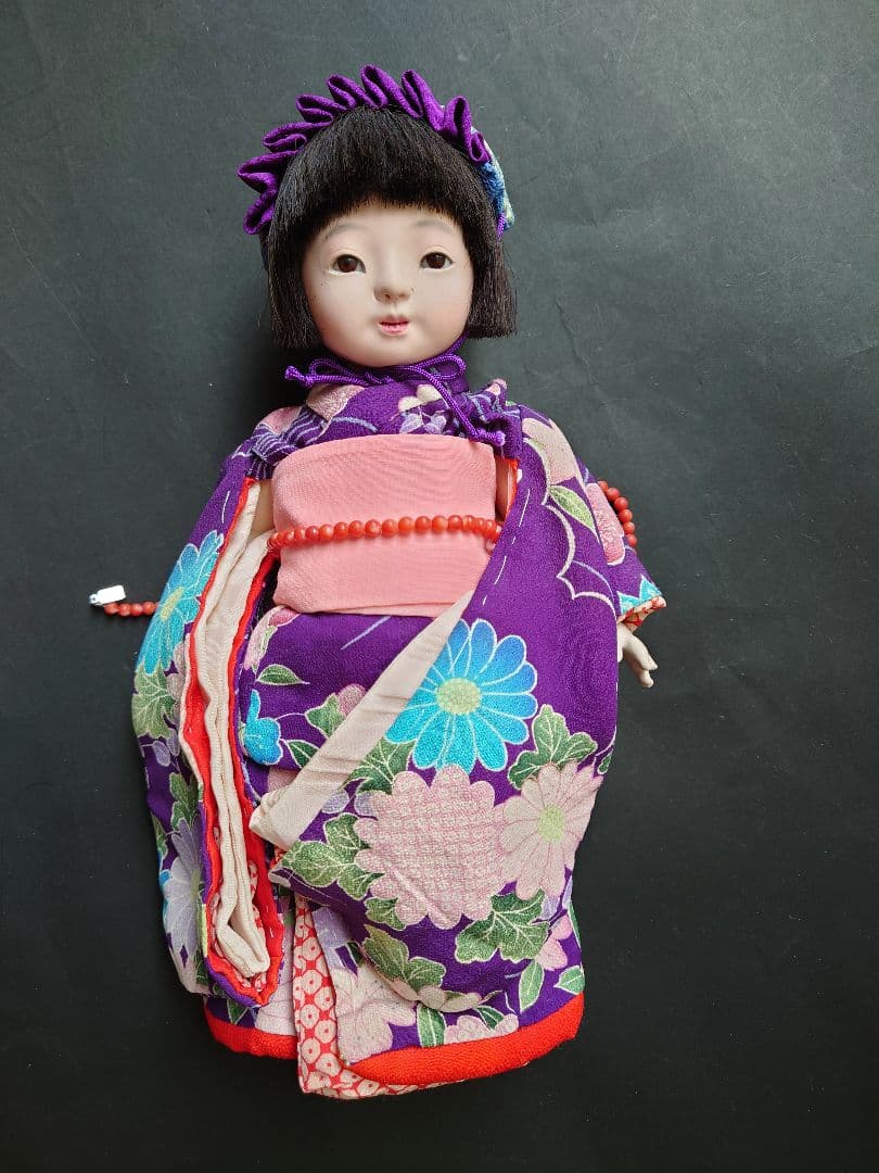 樫村瑞観　自由人形　市松人形　32cmくらい　着物+被布+お帽子