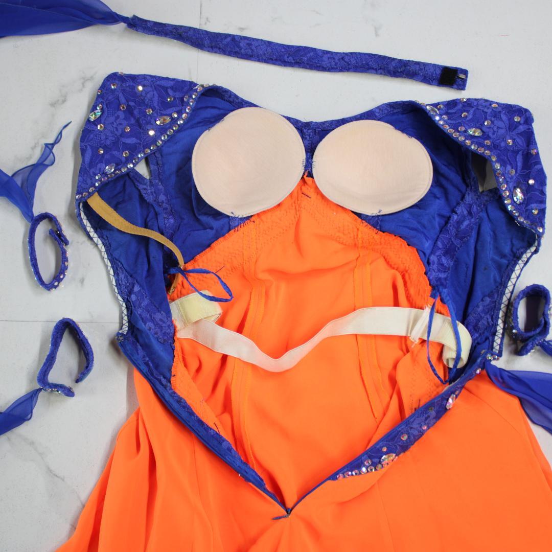 【社交ダンス衣装】オレンジ×豪華フロート ワンピース ドレス ブルー 青
