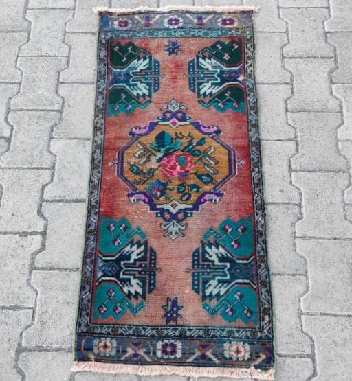 トルコ ヴィンテージラグ A72 人気柄 レア ピンク グリーン パープル