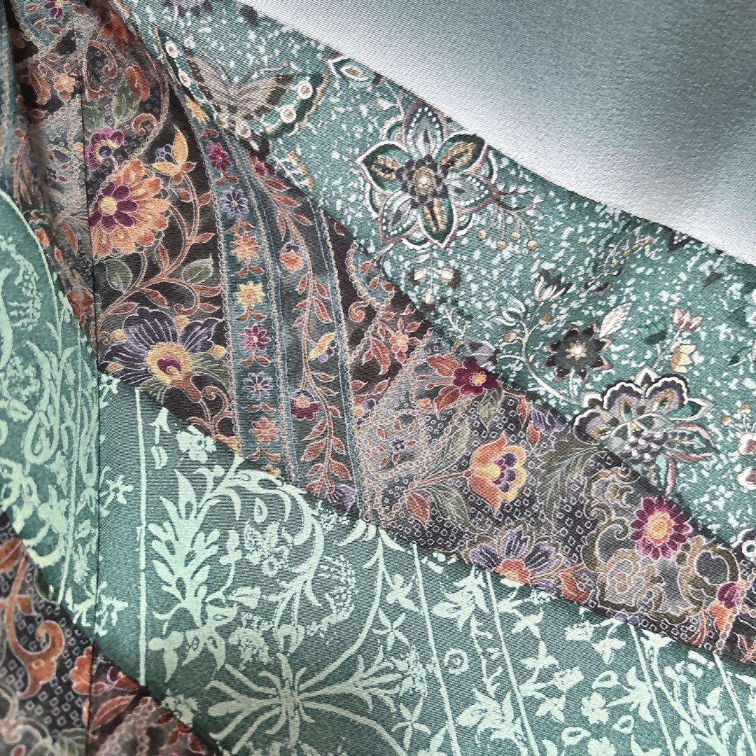 訪問着フルセット　着物　正絹　更紗模様　ターコイズブルー　付け下げ　シャレ帯