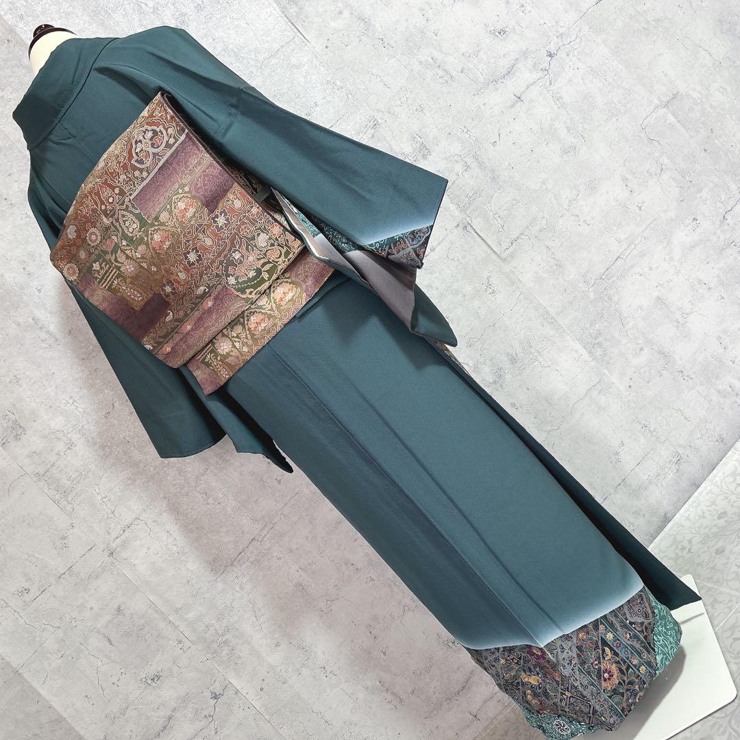 訪問着フルセット　着物　正絹　更紗模様　ターコイズブルー　付け下げ　シャレ帯