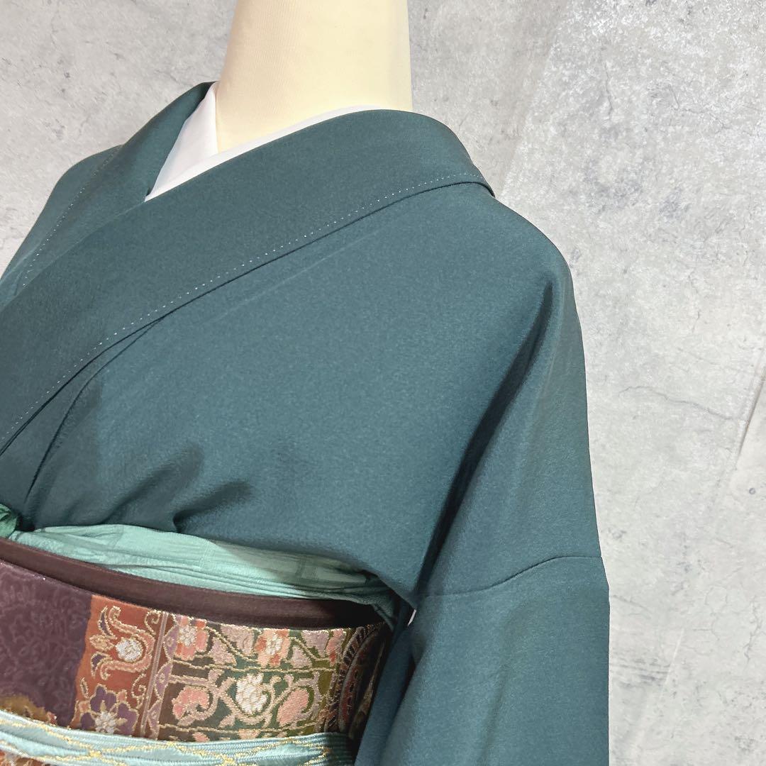 訪問着フルセット　着物　正絹　更紗模様　ターコイズブルー　付け下げ　シャレ帯