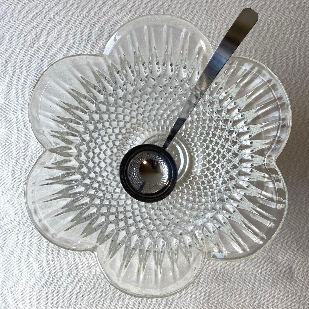 ①70年代 フルーツポンチ クリアプレスガラス 器 大型 花型 お玉付