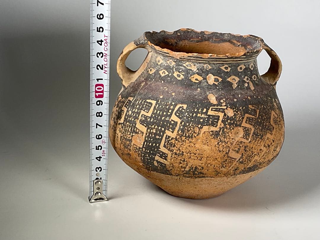 バンチェン土器　彩陶双耳壺　タイ古陶磁　発掘　幾何学　アンダーソン　高さ14cm