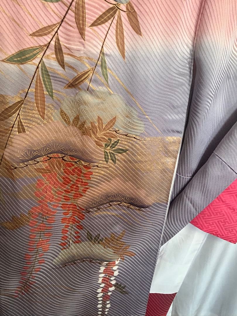 比翼付き 振袖 藤×雲取り 花車 金彩 ピンク×藤色 身丈155 裄64