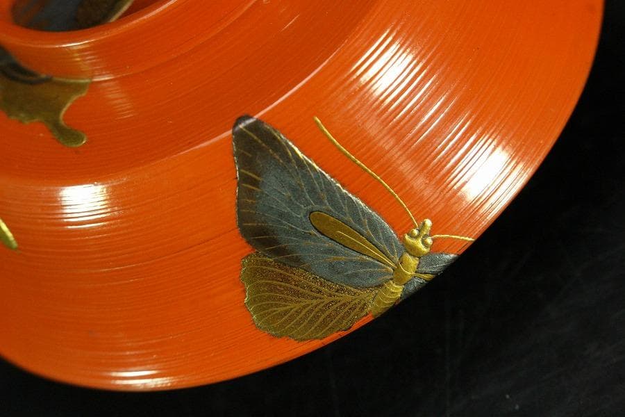 京都 象彦 造 群蝶蒔絵 朱刷毛目 小吸物椀 五客 共箱 美品(K-XA804)