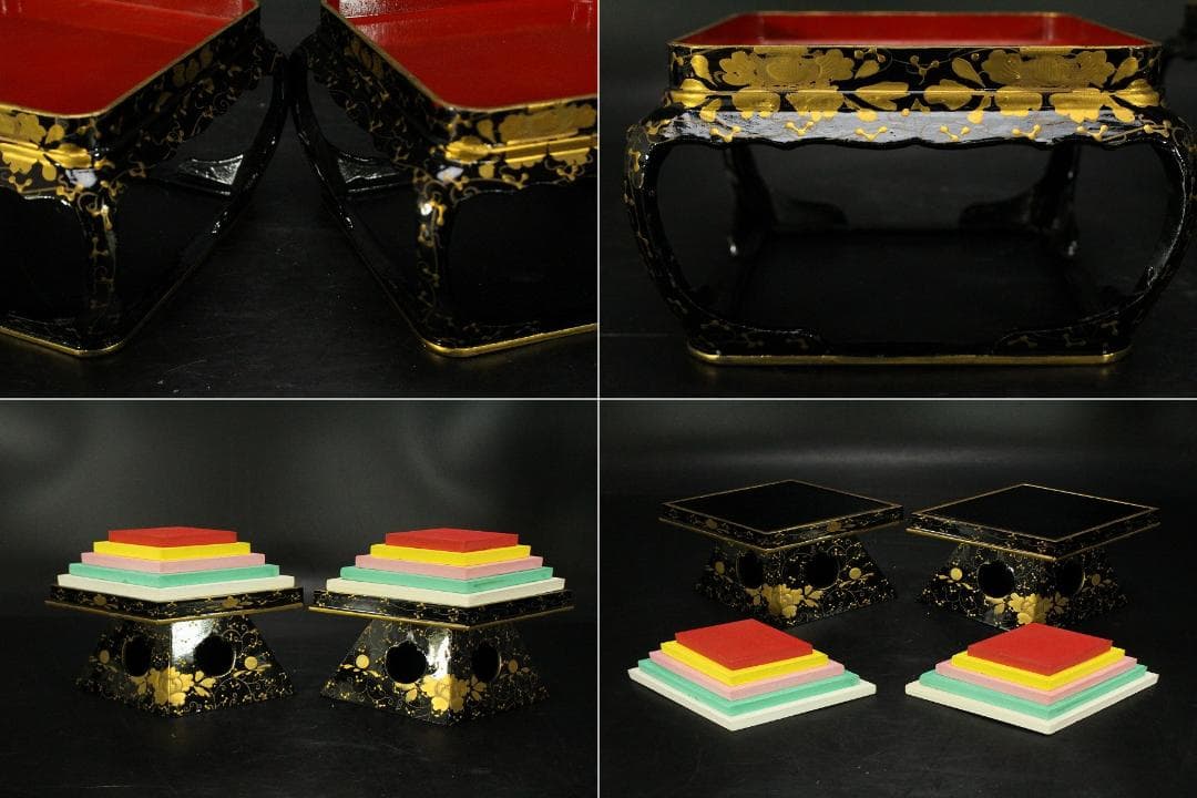 雛祭り 小さな 唐草蒔絵 雛道具 一式 時代物 骨董 漆器(LC905)