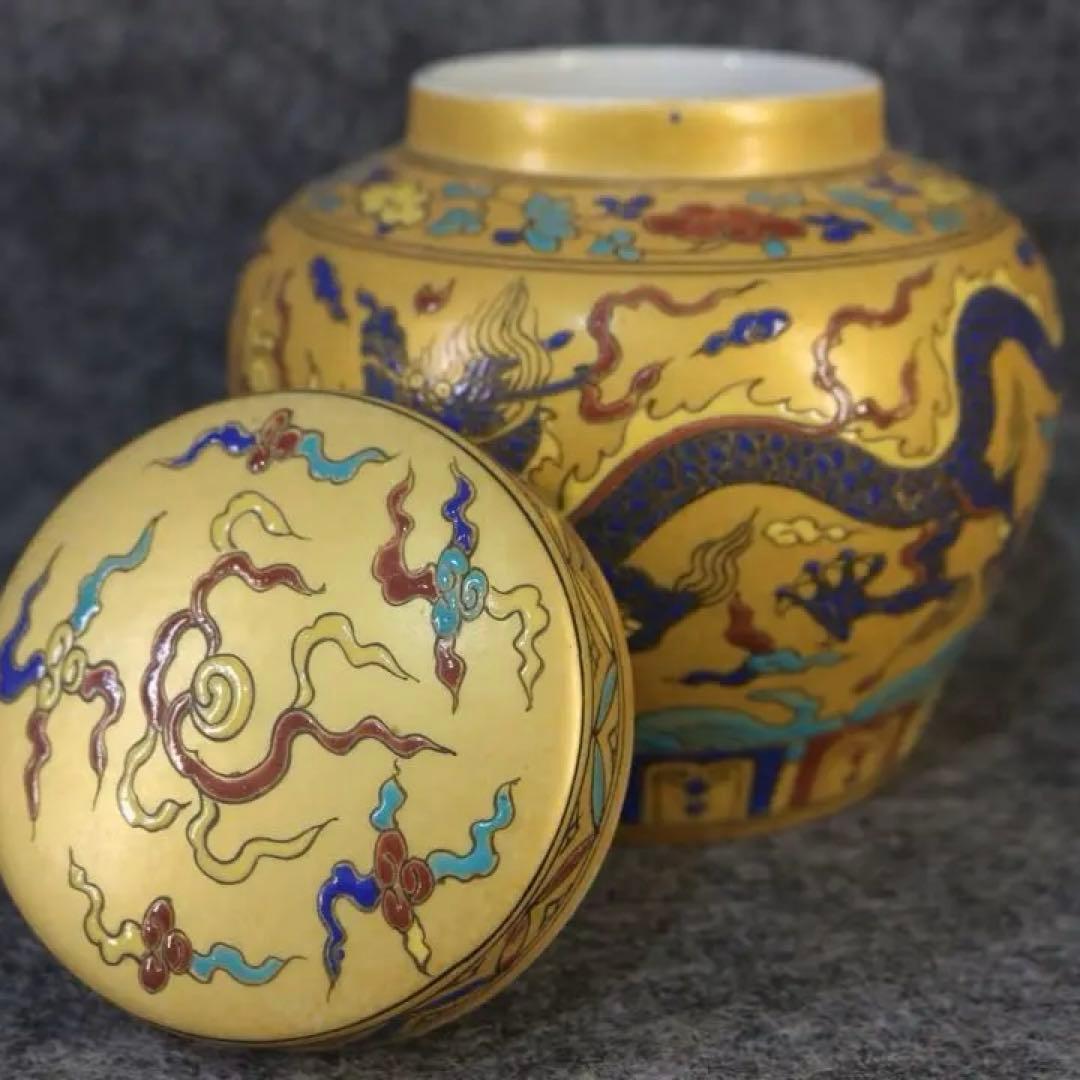 古美術　大明成化時代　文房具　置物　描金海水龍紋　茶葉罐　天字罐　縁起物