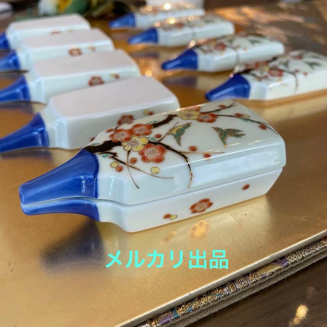 美術　有田焼　萬祥堂　羽子板　香合　金彩　梅と鶯　五個