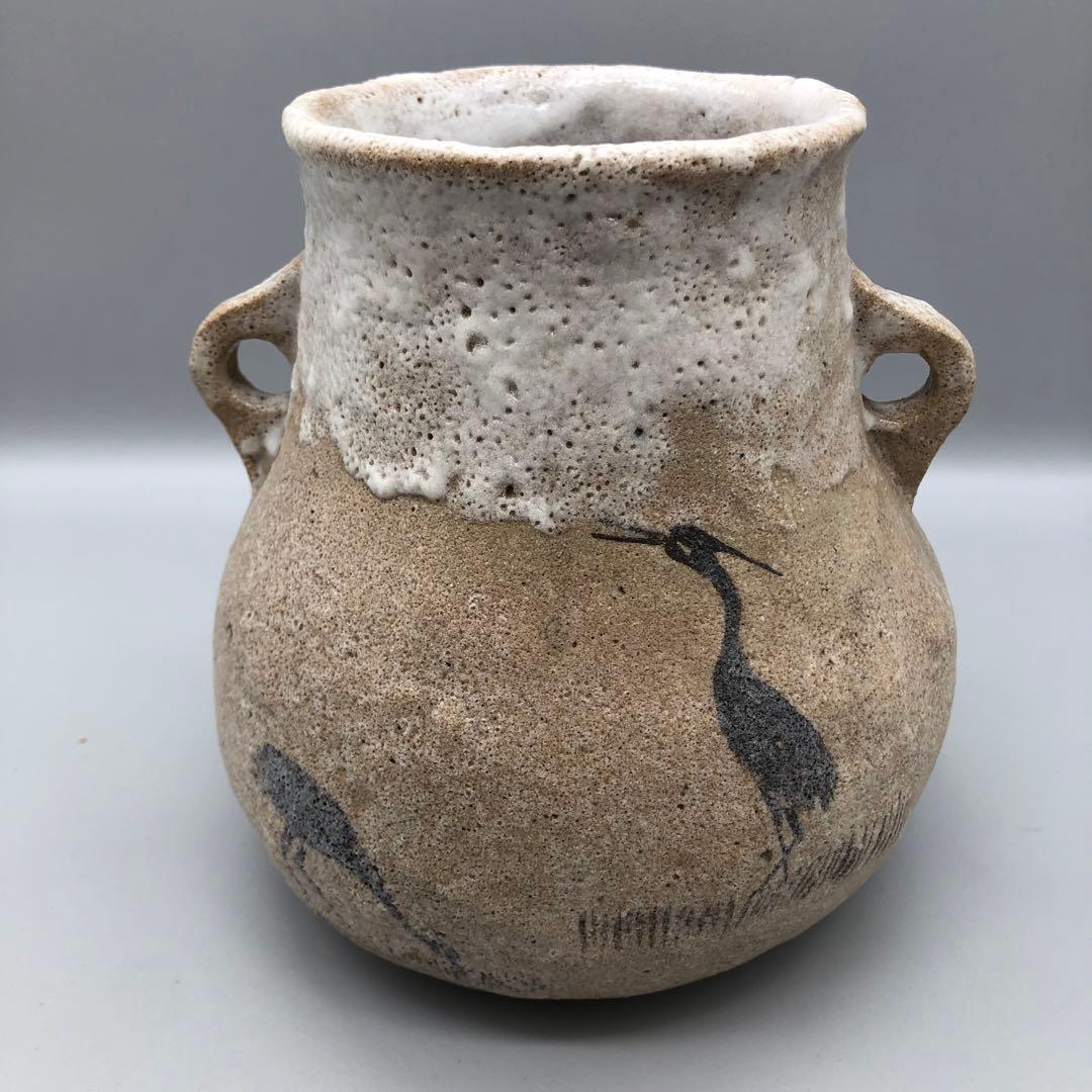 木箱入り未使用鳥鷺さぎ絵耳付き双耳陶釜陶器花器ツボ壺型花瓶花生け華道具骨董品