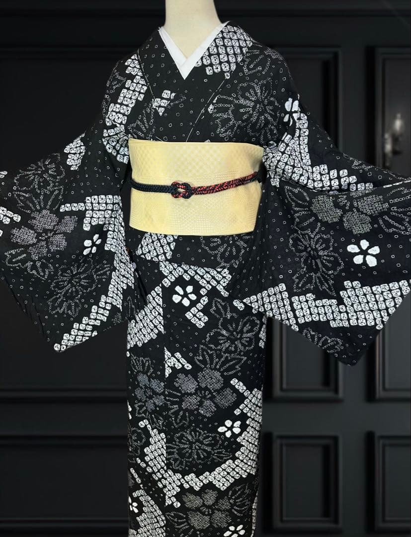 新品美品✨希少トールサイズ　有松鳴海絞り浴衣　黒