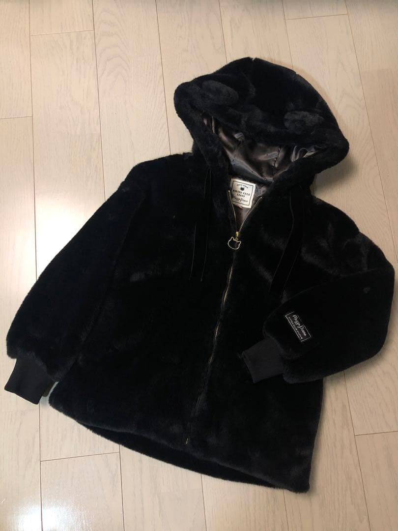 メゾピアノジュニア　猫耳フードフェイクファーパーカーブルゾン　黒　S