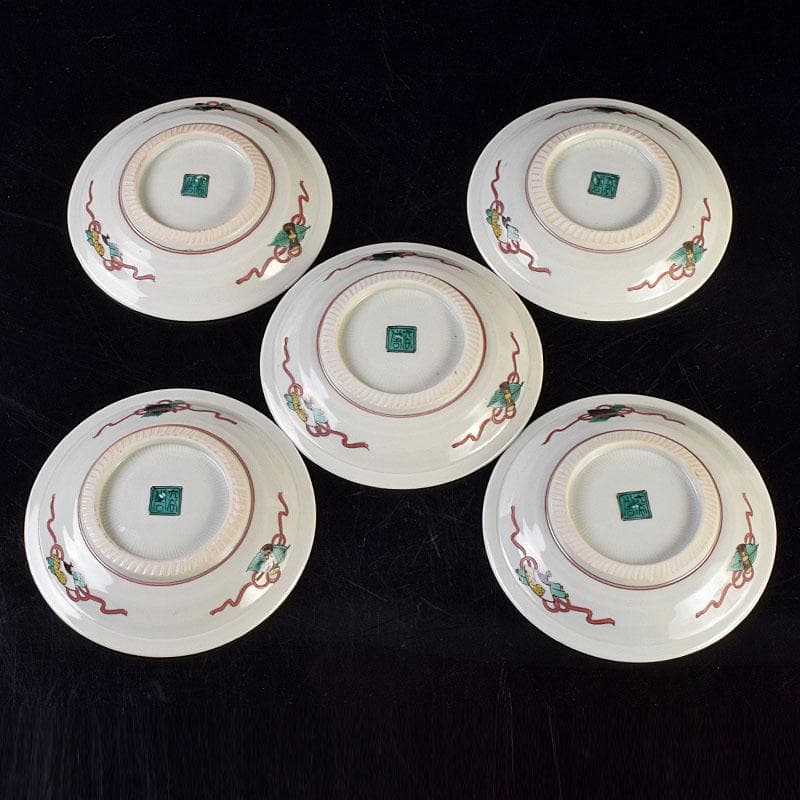 九谷焼　初代徳田八十吉造　古九谷写　絵変中皿　五客二組　共箱　F　R9208B