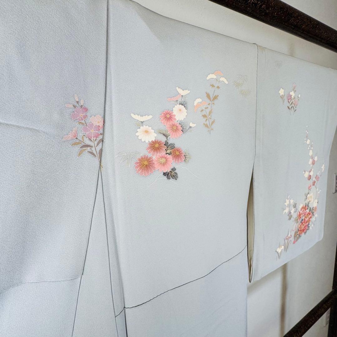 超美品　正絹　袷　広襟　訪問着　付け下げ　着物　162裄61.5　水色　作家物