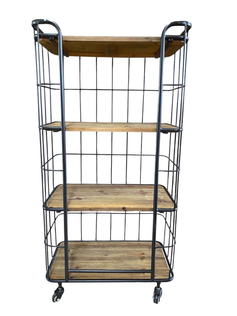 【天然木天板】4段シェルフ　キャスター付　モダン　ブラウン　アンティーク