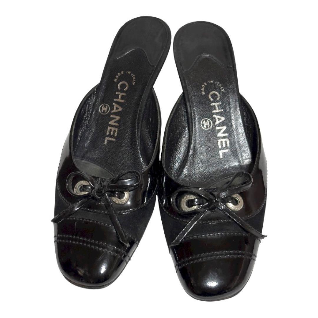 【美品✨】CHANEL ブラックミュール リボン付き