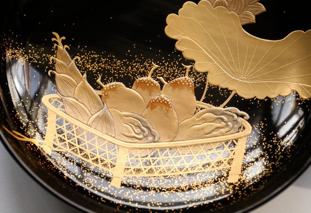 【CM412】天然木漆塗 加賀蒔絵 蓮と野菜金蒔絵 黒煮物椀 五客 漆器 昭和期