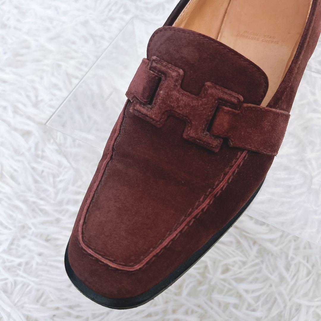 HERMES Hマーク スエード　革　ローファー　パンプス　ブラウン 35.5