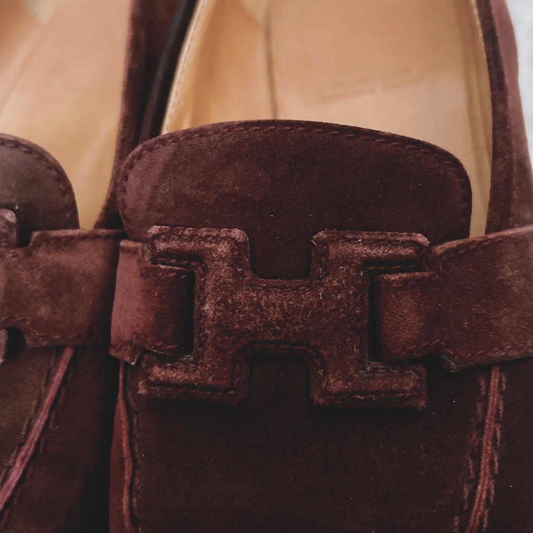 HERMES Hマーク スエード　革　ローファー　パンプス　ブラウン 35.5