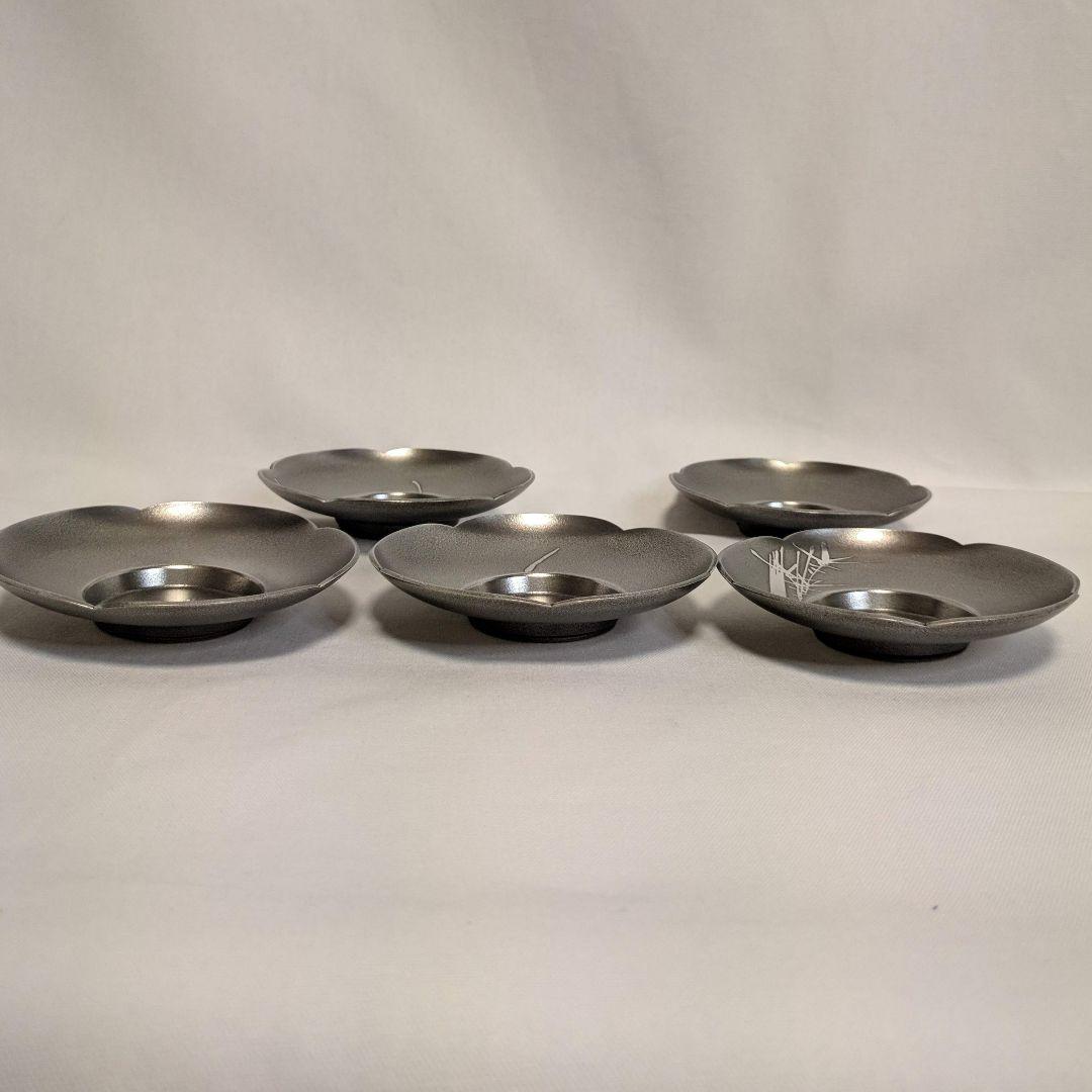 錫製　茶托　イブシ　梅型　5枚組　5柄　大阪錫器