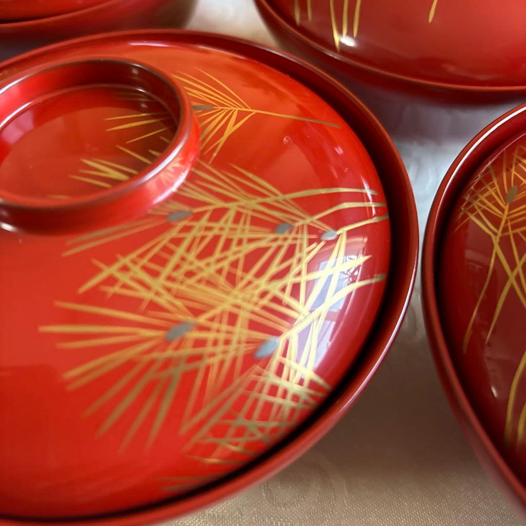 輪島塗り蒔絵松葉吸い物椀5客　 大正頃