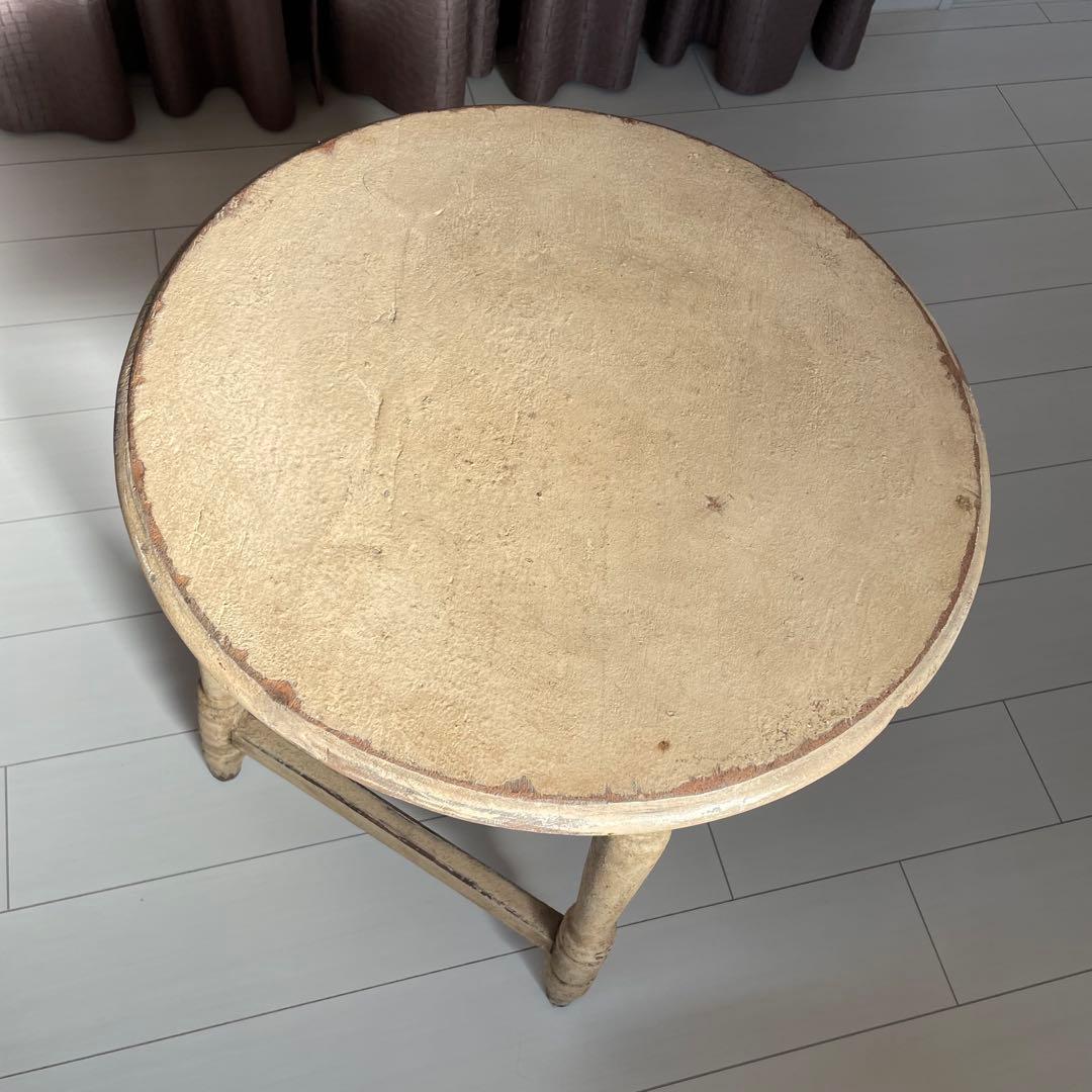 【希少】クリーム色の円形木製カウンターテーブル　アンティーク白丸　ビンテージ