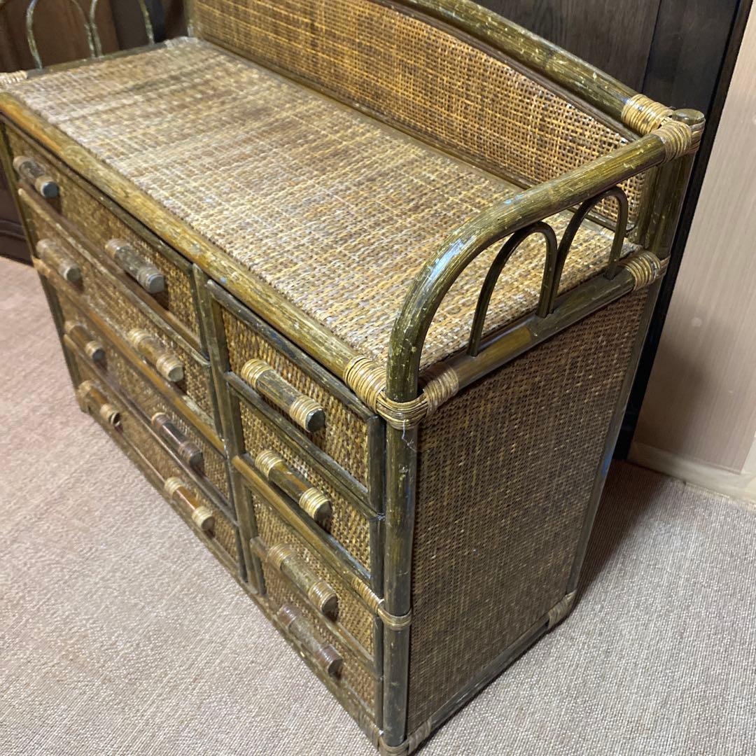 昭和レトロ　アンティーク籐ラタン8杯引き出しタンス ダークブラウン