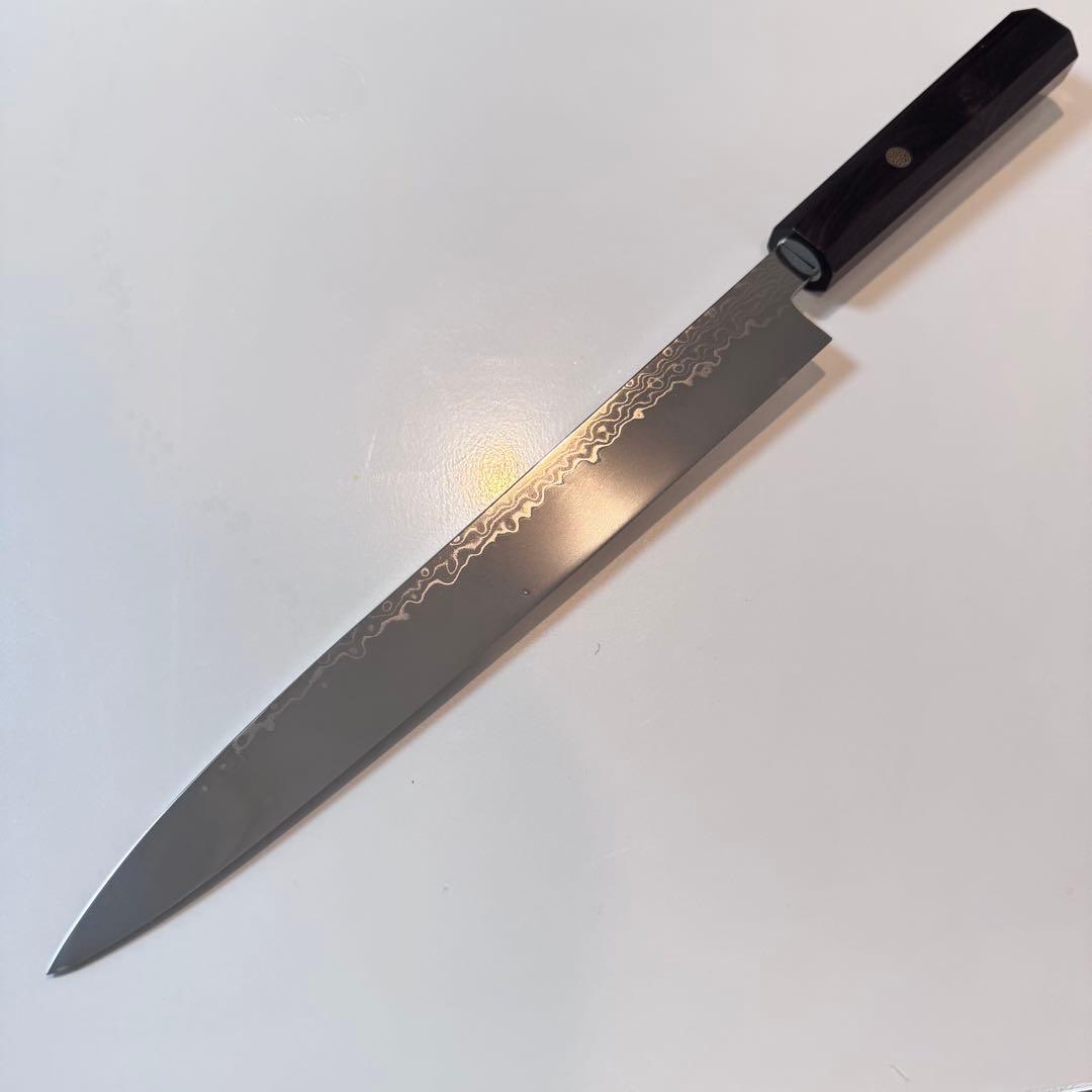 270mm ダマスカス墨流し柳刃包丁 黒檀八角柄 鏡面仕上げ 刺身用