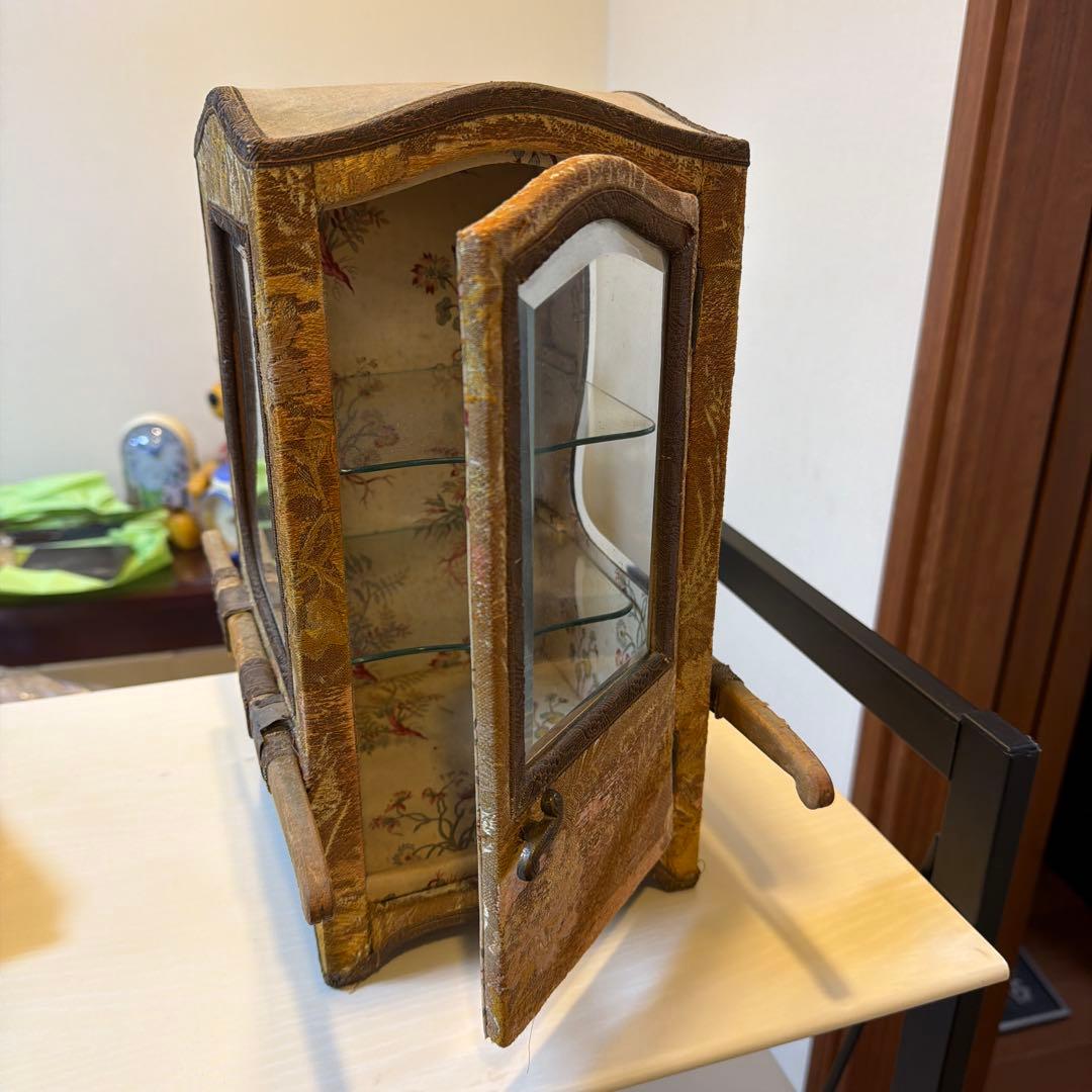 大正〜昭和初期 卓上ガラスケース 布張り 飾り棚 レトロ アンティーク