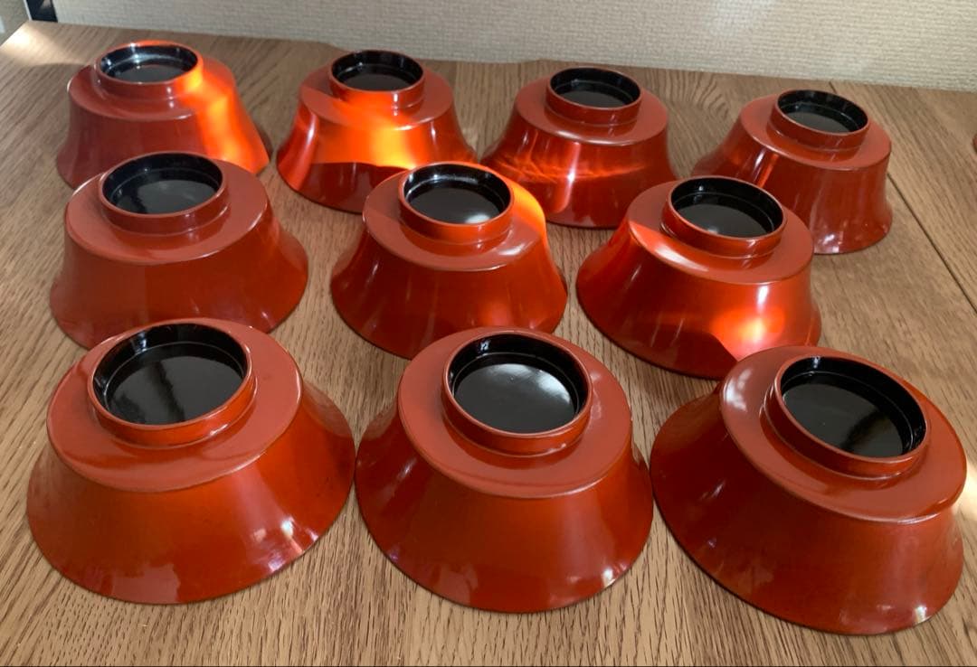 輪島塗　朱沈金蒔絵吸物椀10客　時代物　木製うるし塗　羽反　アンティーク