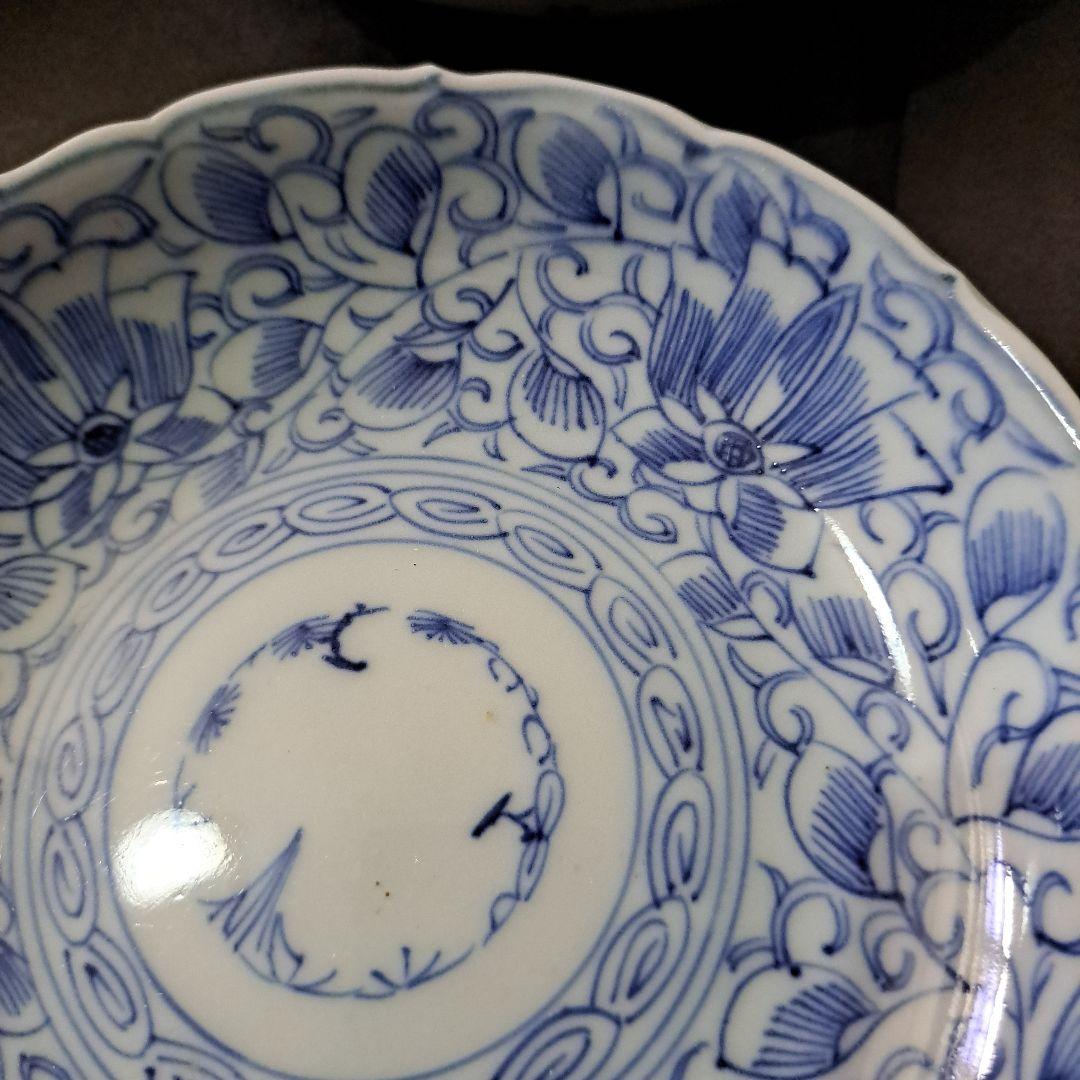 江戸中期　乾隆年　古伊万里　線画華唐草図　五寸皿　向付　膳皿　輪花　五客セット