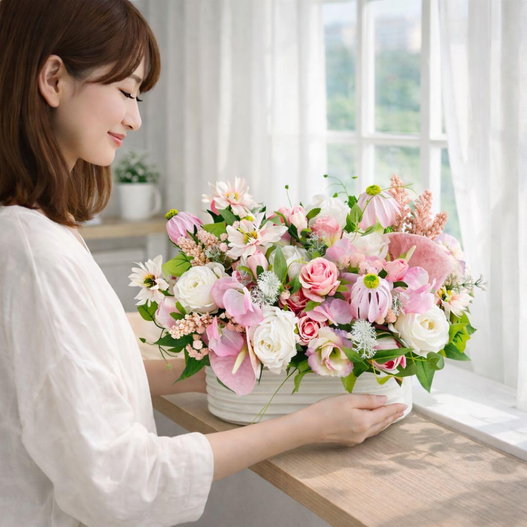 横長46cm｜バラとスイトピーとエキナセアの大型フラワーアレンジメント｜光触媒