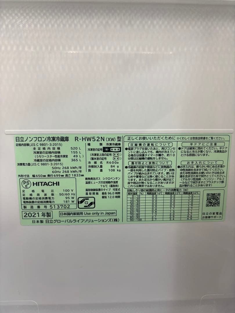 桜*ん様 【中古】日立冷蔵庫R-HW52N 520L 2021年製フレンチドア大