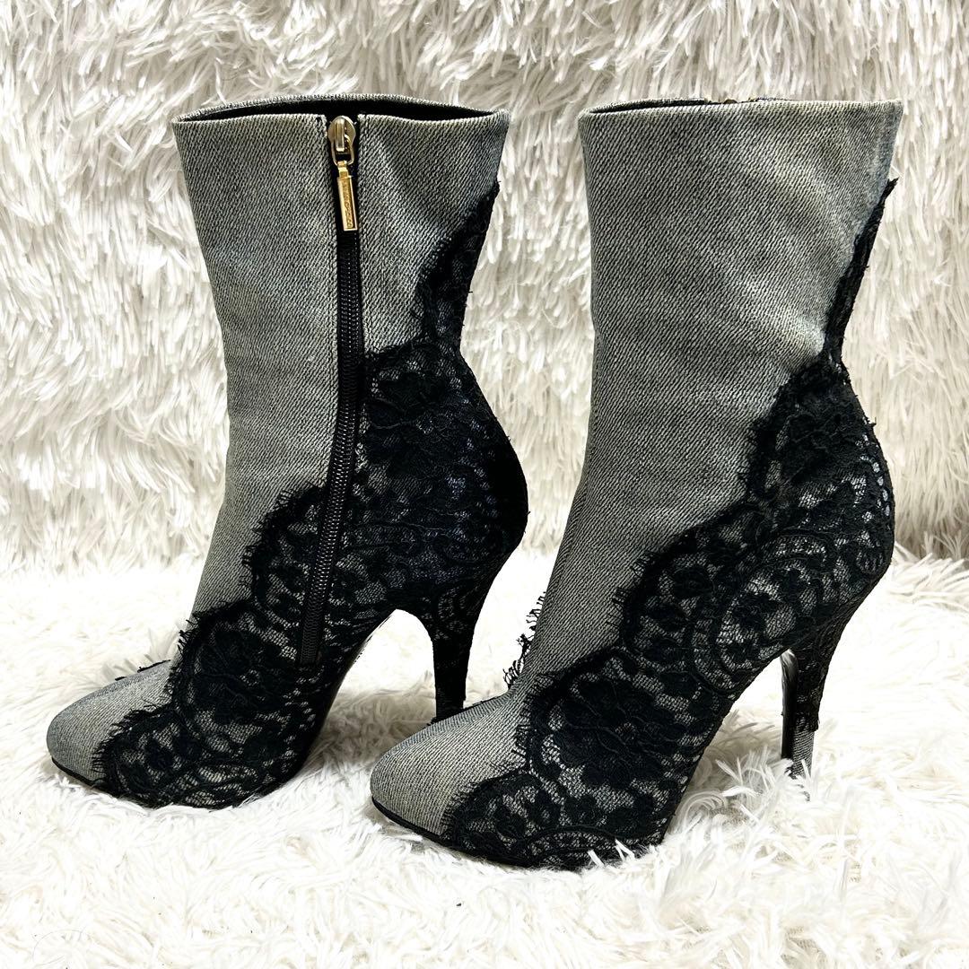 ドルチェ&ガッバーナ デニム×レース ショートブーツ 39 ヒール12.5cm
