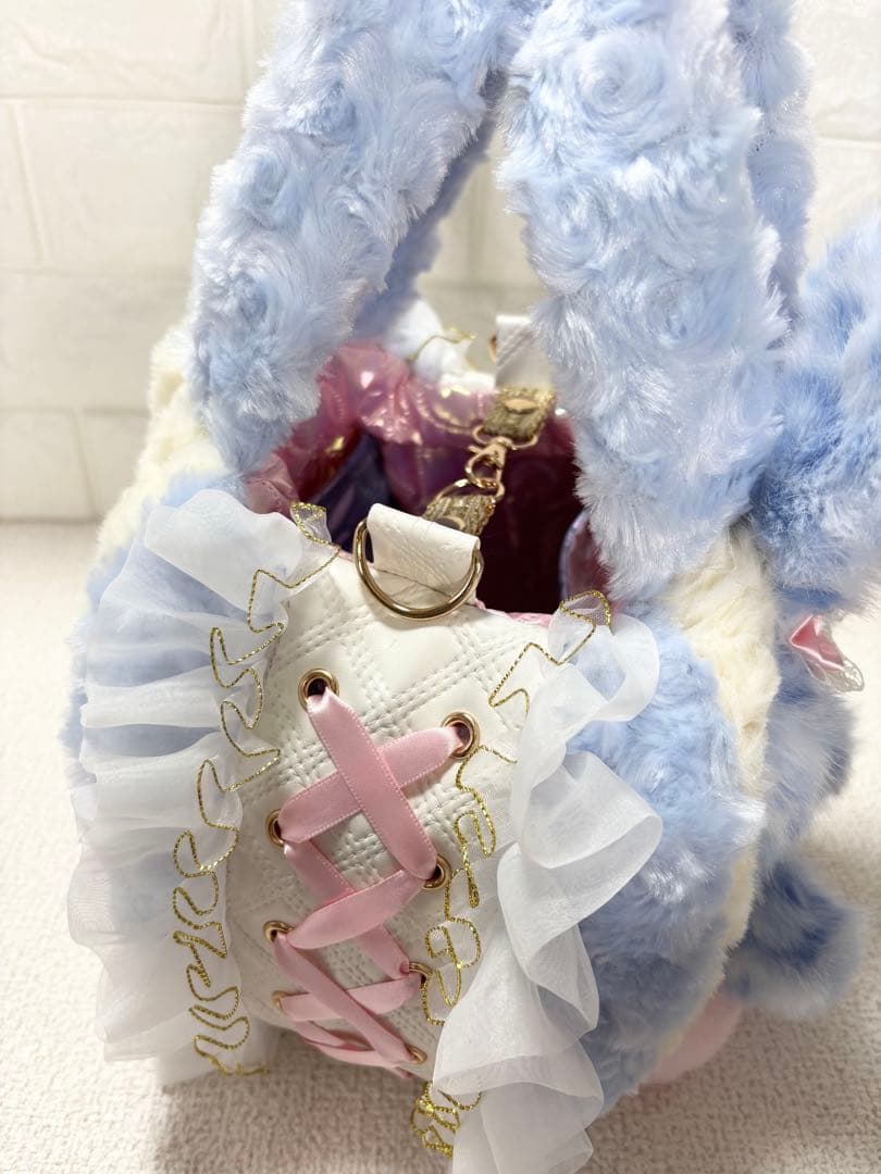 ゆ*ら様 コヤンイサムチョン　ハンドメイド　ファーフリルバッグ水色　ヒョウ柄　ハ