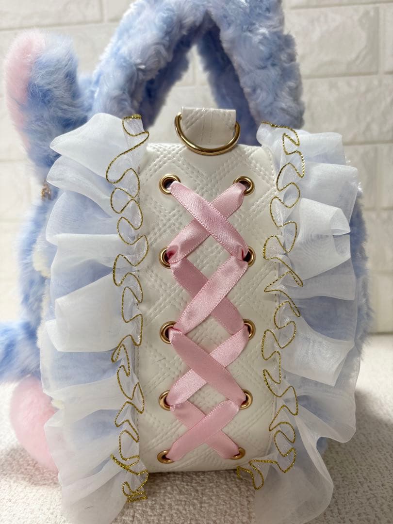 ゆ*ら様 コヤンイサムチョン　ハンドメイド　ファーフリルバッグ水色　ヒョウ柄　ハ