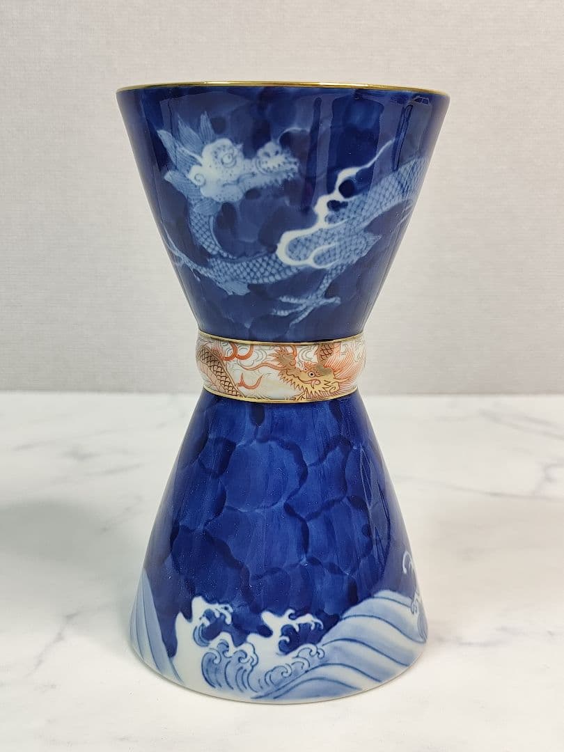 [希少] 宮内庁御用達 深川製磁 染付龍 鼓型 花瓶 金彩 龍