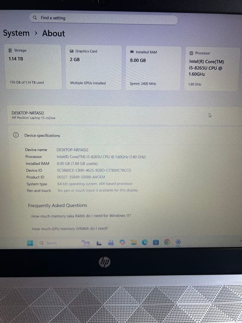 Windowsノート本体 HP Pavilion15-8265U CPU 1.60GHz 8GB 1TB
