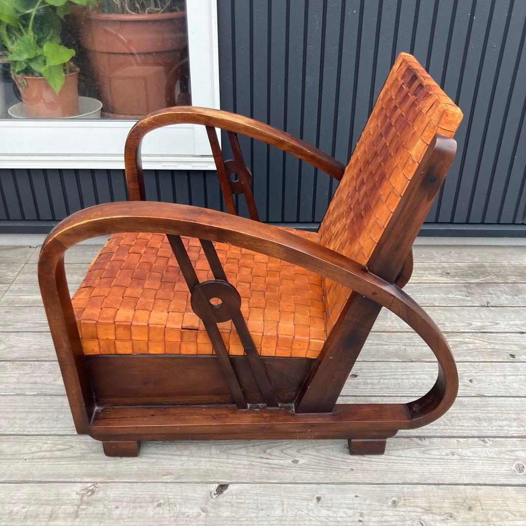 北欧レトロ 木製フレーム メッシュレザーアームチェア 一人掛けソファー 古家具