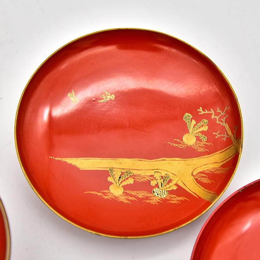 時代年代物 木製朱塗 盃台 盃 七客 楼閣山水 瑞鶴図 金蒔絵 お屠蘇 お正月