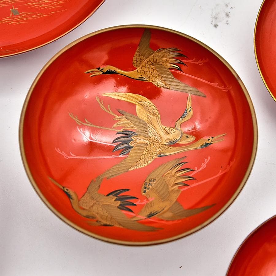 時代年代物 木製朱塗 盃台 盃 七客 楼閣山水 瑞鶴図 金蒔絵 お屠蘇 お正月