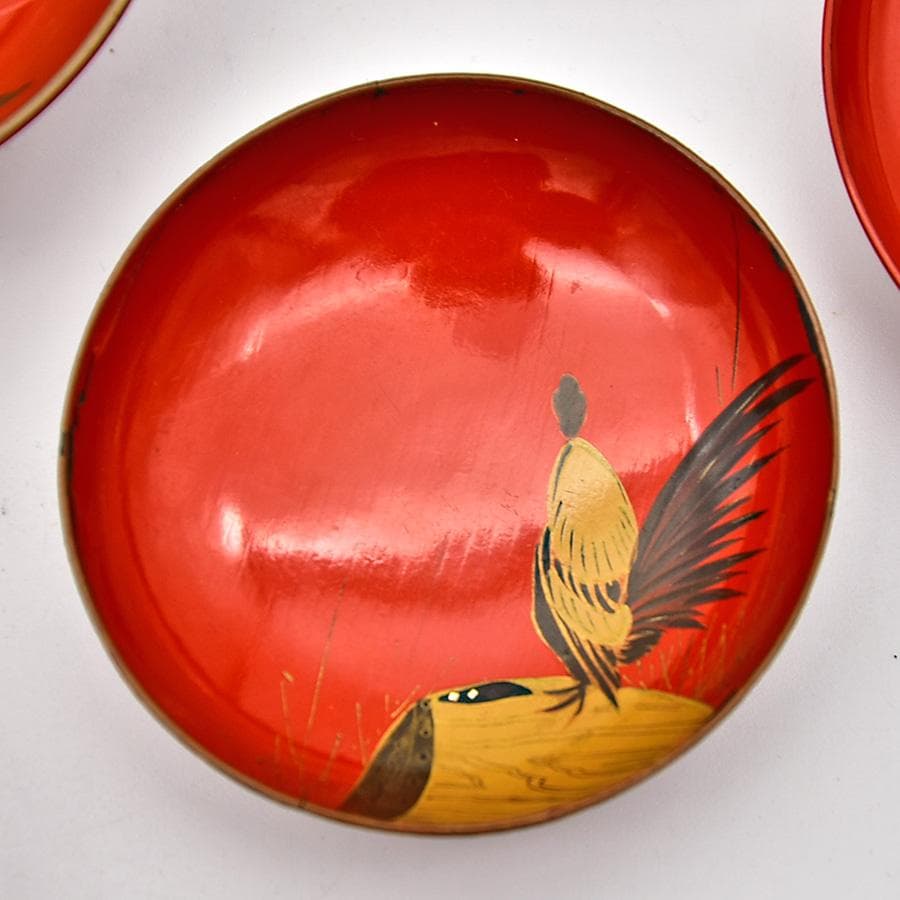 時代年代物 木製朱塗 盃台 盃 七客 楼閣山水 瑞鶴図 金蒔絵 お屠蘇 お正月