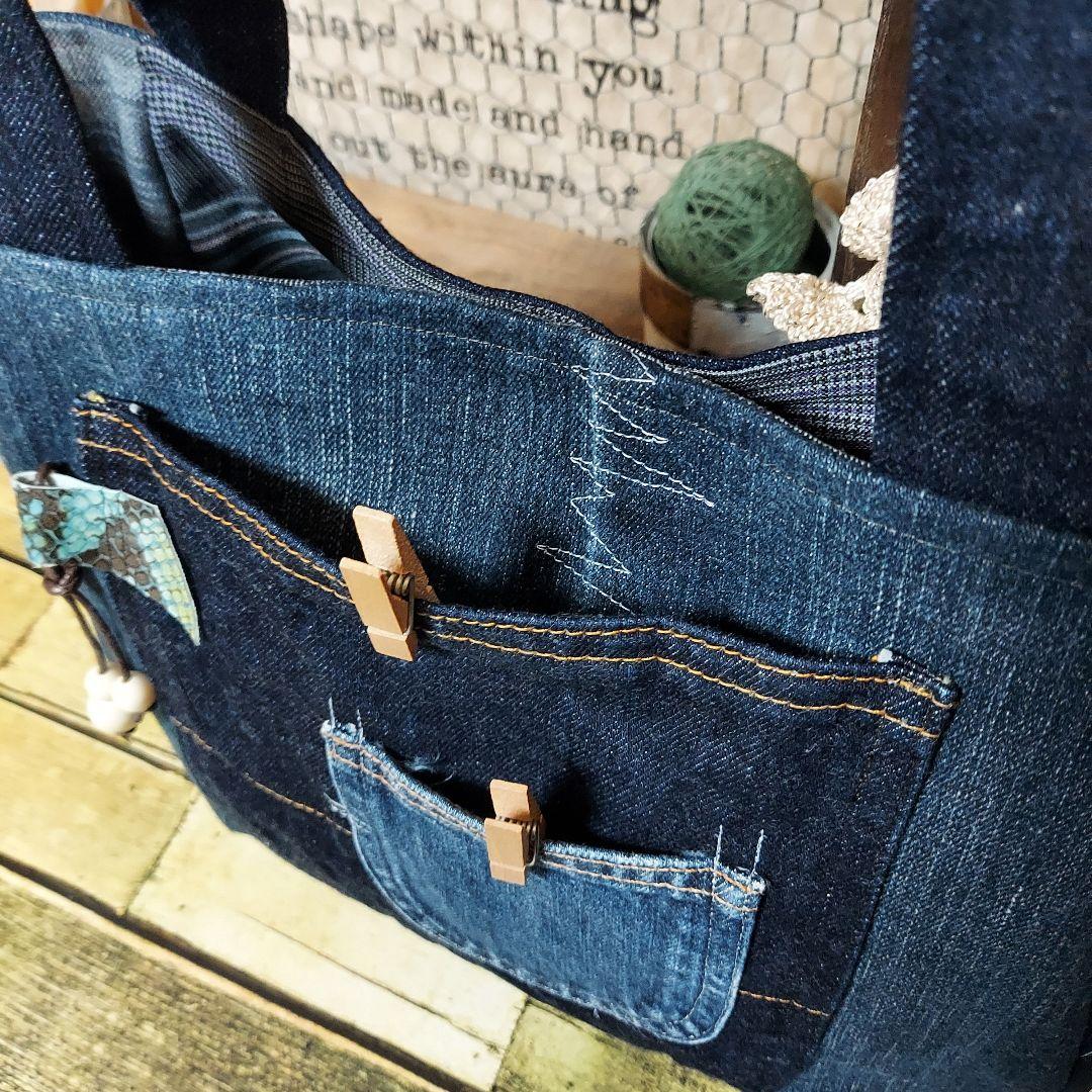 刺繍デニムバック　No.663　デニムリメイク　刺繍バック　丸いバック