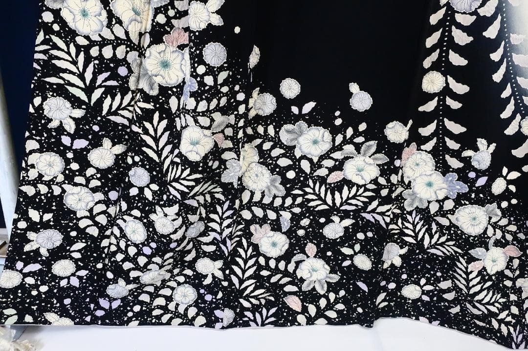 美品 訪問着 辻が花 オフホワイト 黒 モノトーン 身丈160cm 正絹
