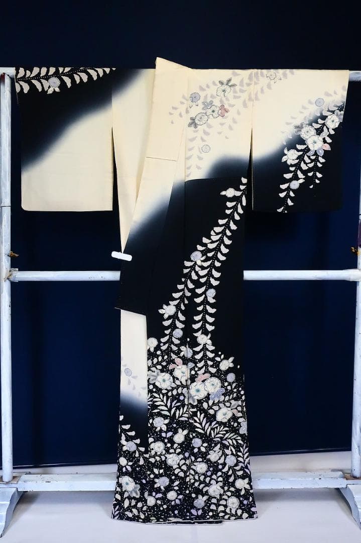 美品 訪問着 辻が花 オフホワイト 黒 モノトーン 身丈160cm 正絹