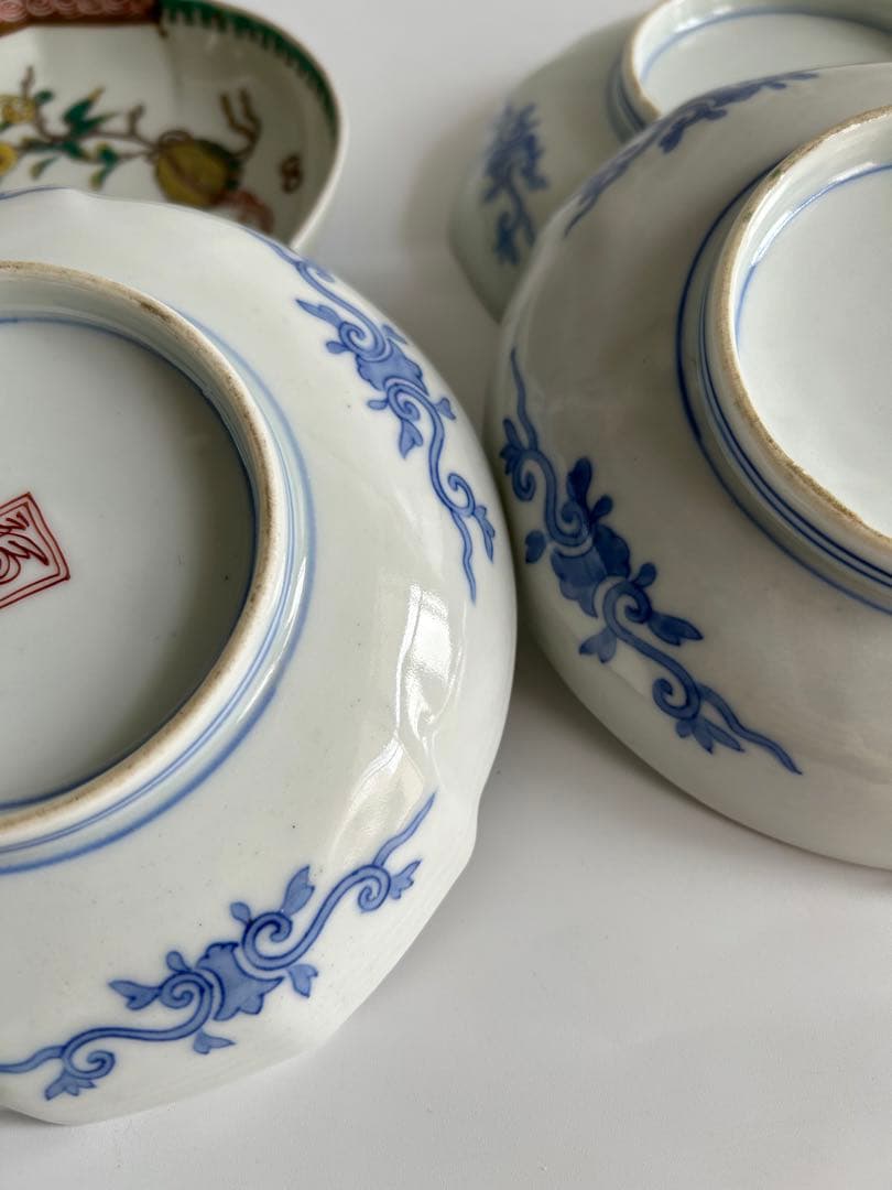 古伊万里 酒井田柿右衛門？ 染錦 花鳥亀文　角福 渦福 骨董 5枚