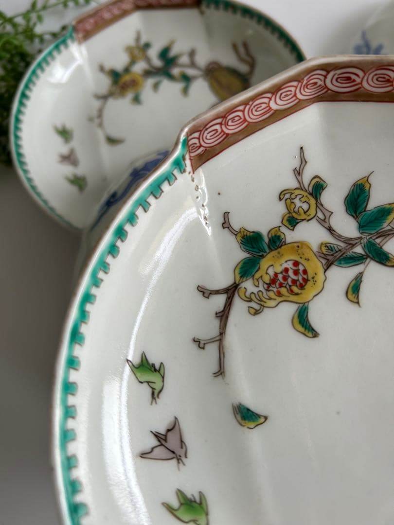 古伊万里 酒井田柿右衛門？ 染錦 花鳥亀文　角福 渦福 骨董 5枚