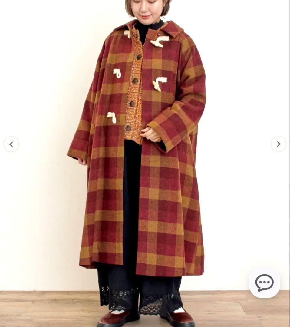 タスマニアウール2way襟ロングコート　ダッフルコート　ロングコートチェック