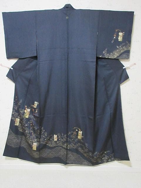 訪問着：美品：花短冊と枝垂れ桜と萩：紺色 袷着物：P43
