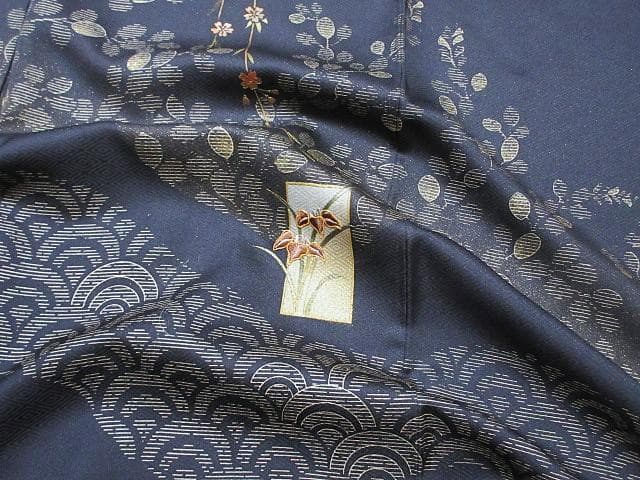 訪問着：美品：花短冊と枝垂れ桜と萩：紺色 袷着物：P43